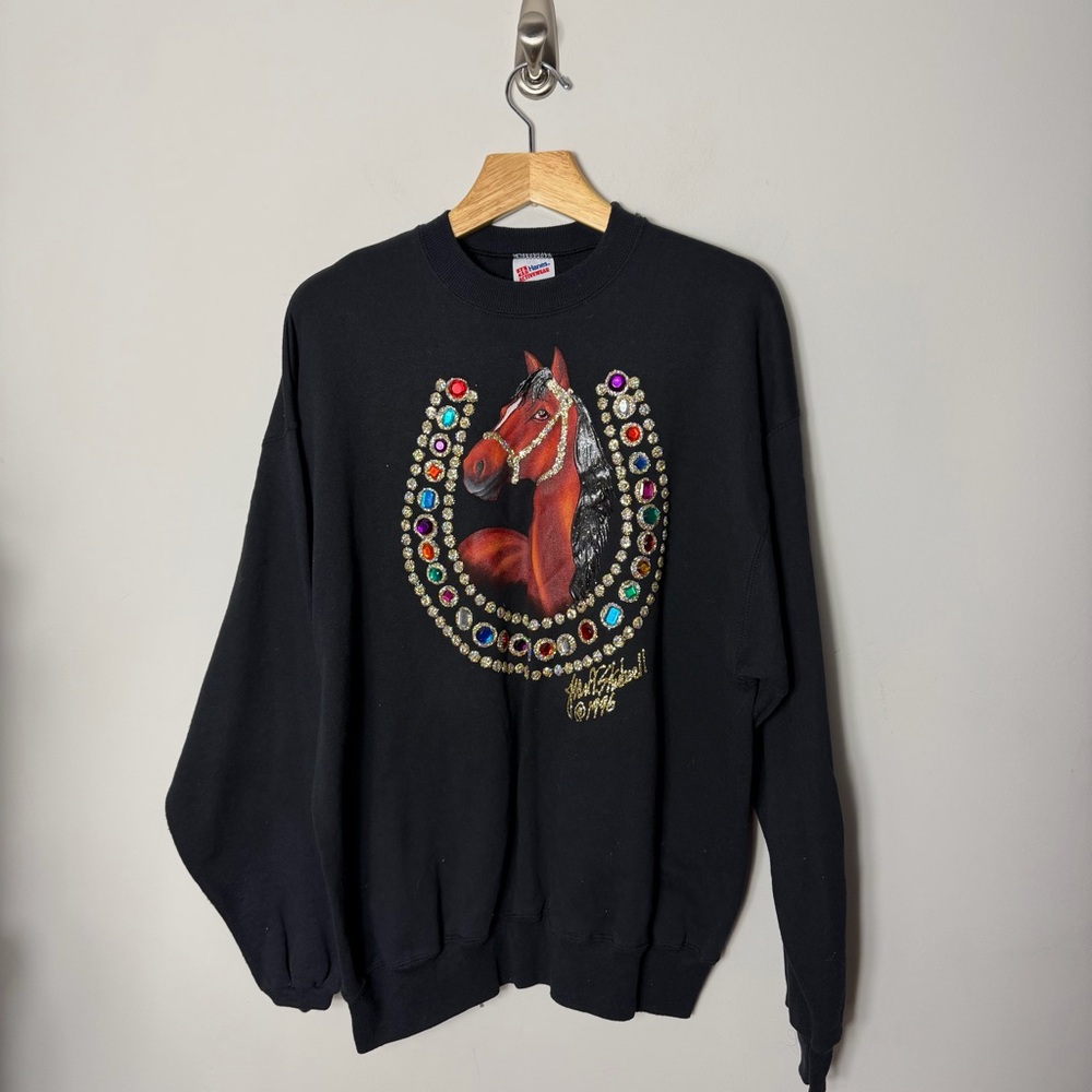 Vintage 1996 Joan Studwell Horse Bedazzled Hand Painted Crewneck Sweatshirt E